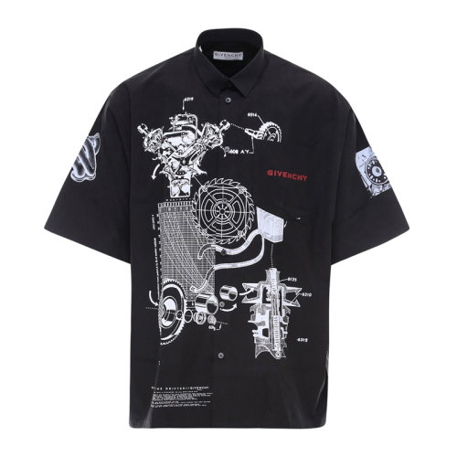 GIVENCHY 紀(jì)梵希 男士服裝  黑色翻領(lǐng)印花棉質(zhì)襯衫 男士短袖襯衫
