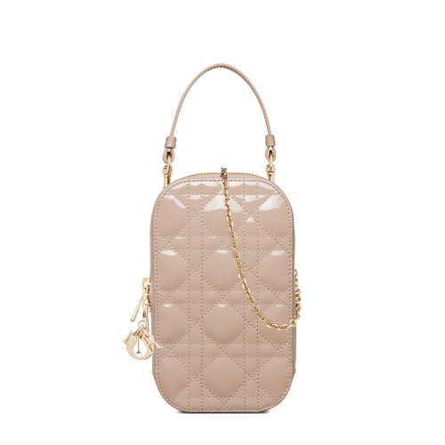 DIOR/迪奧 22新款LADY系列 女士榛子色菱形紋漆面小牛皮單肩手提斜跨鏈條手機(jī)包S0872OVRB_M45U