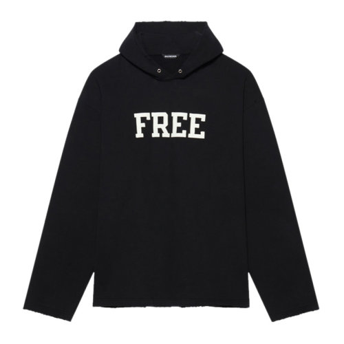 Balenciaga/巴黎世家 FREE系列中號女士黑色棉質(zhì)經(jīng)典字母徽標印花裝飾破洞下擺落肩抓絨衛(wèi)衣上衣連帽衫運動衫 661711-TKVD4-1070