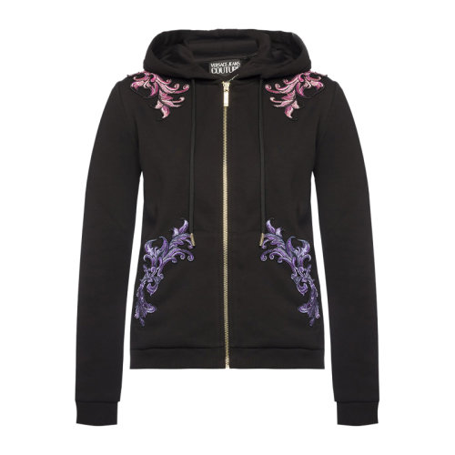 VERSACE JEANS/范思哲牛仔 女士黑色棉質混紡滌綸經(jīng)典字母徽標印花裝飾拉鏈開合長袖上衣外套連帽衫運動衫 B6HUB773-30282-899