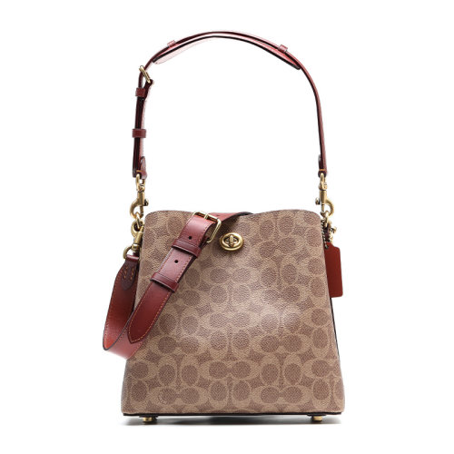 COACH/蔻馳21新品經(jīng)典標(biāo)志帆布WILLOW水桶包牛皮革女士手提單肩包C3890