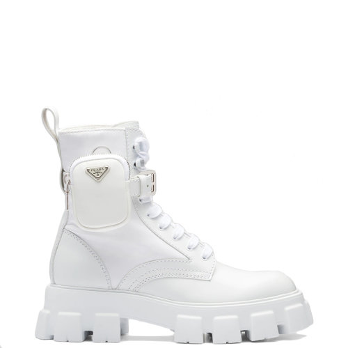 PRADA/普拉達 22年新款 Monolith系列 男士白色亮面皮革和尼龍綁帶中筒靴馬丁靴2UE007_3LFR_F0009_F_D002