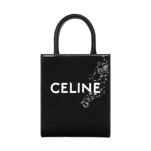CELINE/賽琳 22新款VERTICAL系列 女士迷你黑色亮片配皮飾白色徽標(biāo)字母印花單肩斜跨手提托特包194373ENX.38AW