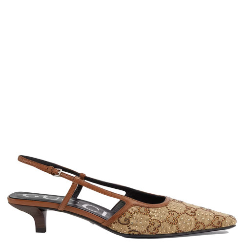 GUCCI/古馳 22年早春新款 情人節(jié)系列 女士米色和駝色飾水晶GG帆布后系帶淺口鞋6754419SF102583