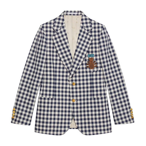 GUCCI/古馳 22年春夏新款 PINEAPPLE系列 男士藍(lán)色和白色格紋聚酯纖維菠蘿和玫瑰刺繡夾克673161ZAGFV9505