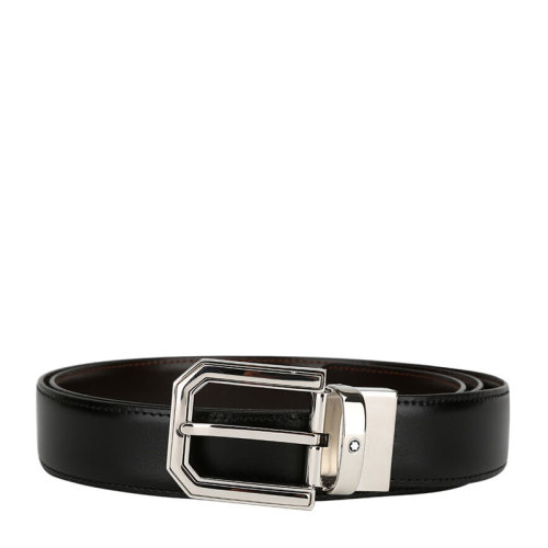 MontBlanc/萬寶龍 男士經(jīng)典系列黑色/棕色雙面牛皮白星矩形針扣式皮帶腰帶 可裁剪 111092