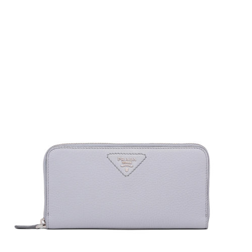 PRADA/普拉達 22春夏新款 女士大號矢車菊藍灰色皮革金屬徽標(biāo)壓紋銀扣長款錢包1ML506_2BBE_F0591