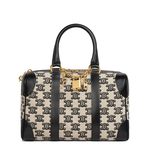 CELINE/賽琳 BOSTON系列 小號黑色凱旋刺繡織物黑色小牛皮飾邊單肩手提包193652CS8.38NO