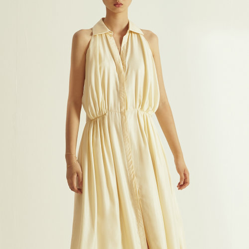 nisiss/怡夕超長前擺開衩褶飾連身裙女士連衣裙N163AO41