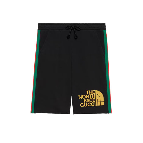 GUCCI/古馳 22秋冬款 The North Face聯(lián)名系列 男士黑色純棉飾有黃色印花LOGO圖案兩側(cè)紅綠條紋設(shè)計(jì)短褲?651727XJDIP1082