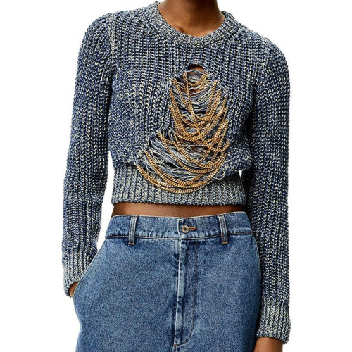 LOEWE/羅意威 22年秋冬新款 女士手牛仔藍(lán)工刺繡金鏈羅紋麻和亞麻針織圓領(lǐng)毛衣S359Y14K97-5320