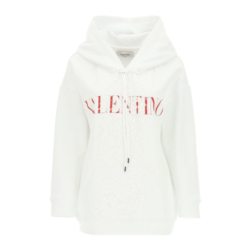 Valentino/華倫天奴 女士白色棉質(zhì)平紋針織重磅蕾絲經(jīng)典字母徽標(biāo)印花裝飾連帽抽繩長袖上衣衛(wèi)衣連帽衫套頭衫運(yùn)動(dòng)衫 WB3MF10S-6FU-A33