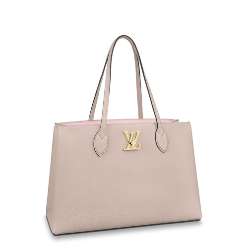 Louis Vuitton/路易威登 21新款 CABAS LOCKME系列 女士格雷格粉柔軟粒面小牛皮金屬徽標手提托特包M57346