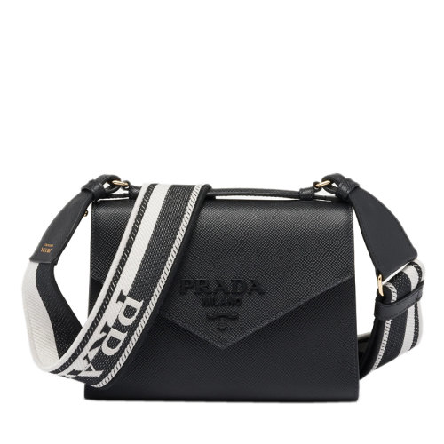 PRADA/普拉達(dá) 22年新款Monochrome系列 女士黑色Saffiano皮革配可拆卸徽標(biāo)印花刺繡織帶翻蓋開(kāi)合斜跨單肩包1BD3_2ERX_F0002_V_3O3