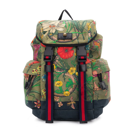 GUCCI/古馳 男士軍綠色帆布花草蛇刺繡雙肩包旅行包 478327-9LNAX-3774