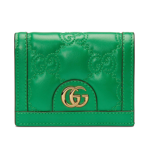 GUCCI/古馳 22新款Matelassé系列 女士綠色老花絎縫皮革金扣雙折拉鏈開合錢包卡包723786UM8IG3219