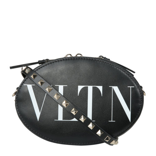 Valentino/華倫天奴 女士黑色皮革經(jīng)典字母徽標(biāo)印花鉚釘裝飾拉鏈開合單肩包斜挎包女包 RW2B0C47-RCH-NER