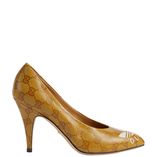 GUCCI/古馳 22年秋冬新款 adidas聯(lián)名系列 女士米色/棕色水晶帆布老花圖案淺口高跟鞋702221UVS007122