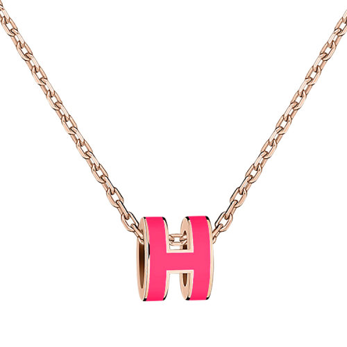 【主推】HERMES/愛馬仕 Mini Pop H 玫紅色吊墜，玫瑰金色項鏈 限定款（配HERMES禮品袋及禮品盒）