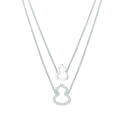 QEELIN/麒麟珠寶 經(jīng)典WULU系列 18K金白金鑲嵌鉆石小號(hào)鏤空兩個(gè)葫蘆吊墜雙層項(xiàng)鏈WU-NL0011A-WGD