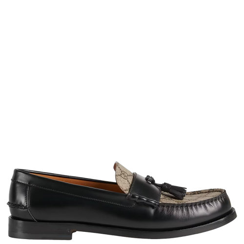 GUCCI/古馳 22年春夏新款 PINEAPPLE系列 男士黑色皮革與米色和烏木色老花帆布流蘇樂福鞋67381717X301063