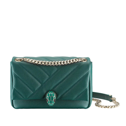 BVLGARI/寶格麗 SERPENTI CABOCHON系列 女士綠色絎縫粒面小牛皮翠綠色琺瑯蛇首搭扣單肩斜挎鏈條包290650