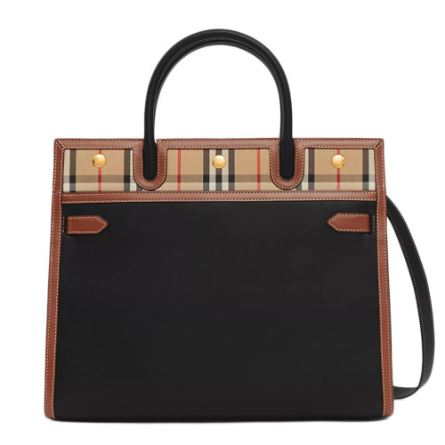 BURBERRY/博柏利 Title系列 小號皮革拼Vintage格紋雙提柄泰爾勒手袋單肩手提包80252691