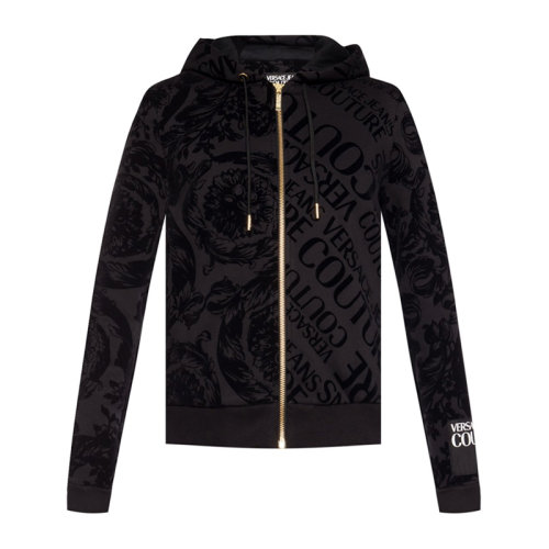 VERSACE JEANS/范思哲牛仔 女士黑色棉質(zhì)經(jīng)典字母徽標(biāo)印花裝飾拉鏈開合長袖上衣衛(wèi)衣外套連帽衫 B6HUB789-13948-899