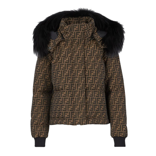 FENDI/芬迪      女士棕色帆布可拆卸風帽飾有狐貍毛短款羽絨夾克FAN048AGMPF13IZ