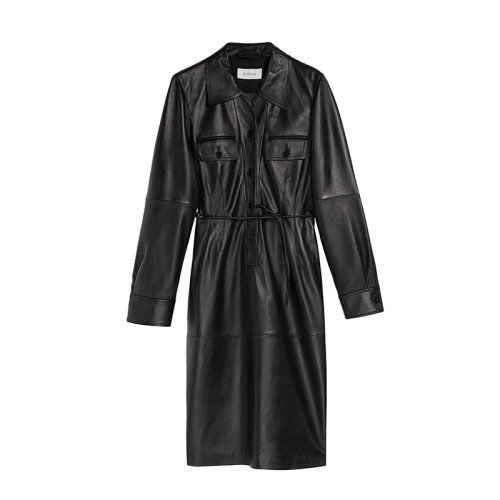 MaxMara/麥絲瑪拉 22年早春新款 FAVOLA系列 女士黑色納帕羊皮襯衫裙連衣裙2421022706003