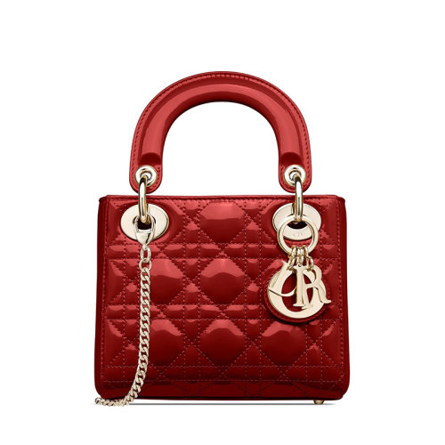 DIOR/迪奧 經(jīng)典款 Lady Dior系列 迷你三格櫻桃紅漆面小牛皮單肩手提鏈條戴妃包 M0505OWCB_M323