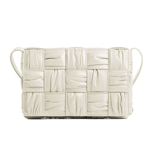 Bottega Veneta/葆蝶家 22新款 女士白色帶褶裥Intrccio圖案小牛皮磁扣翻蓋開合黃銅飾面單肩斜挎包717089V2FY19092