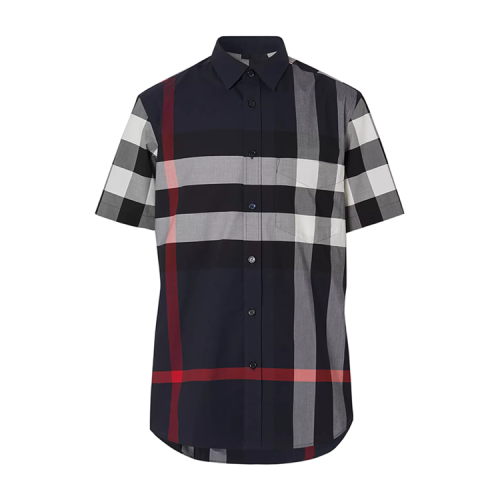 BURBERRY/博柏利 短袖格紋彈力棉府綢襯衫 男士短袖襯衫  80208551