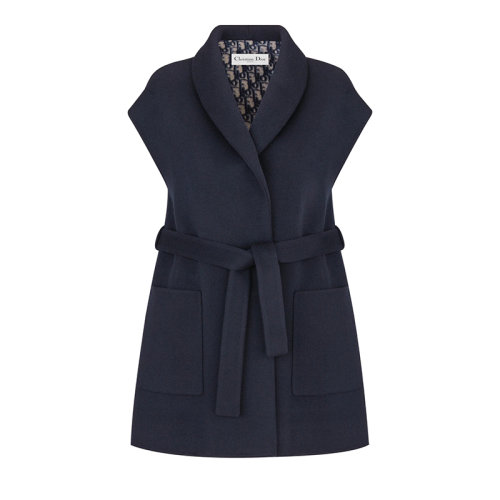 DIOR/迪奧      女士海軍藍色雙面羊毛和桑蠶絲混紡面料搭配腰帶無袖大衣210M40A1375_X5803