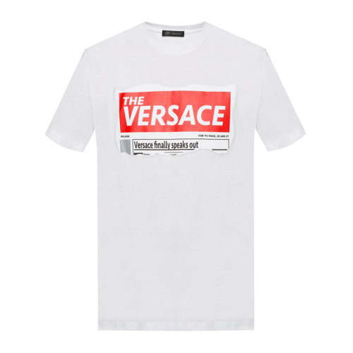 VERSACE/范思哲 男士白色棉質(zhì)經(jīng)典字母徽標(biāo)圖案裝飾圓領(lǐng)短袖上衣T恤 A82157-A224589-A001
