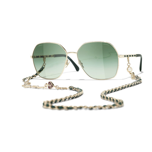 Chanel/香奈兒 22年春夏新款 女士漸變綠色鏡片金色/綠色金屬與小牛皮鏡框飾鏈條方框太陽眼鏡墨鏡A71447X27388L6813