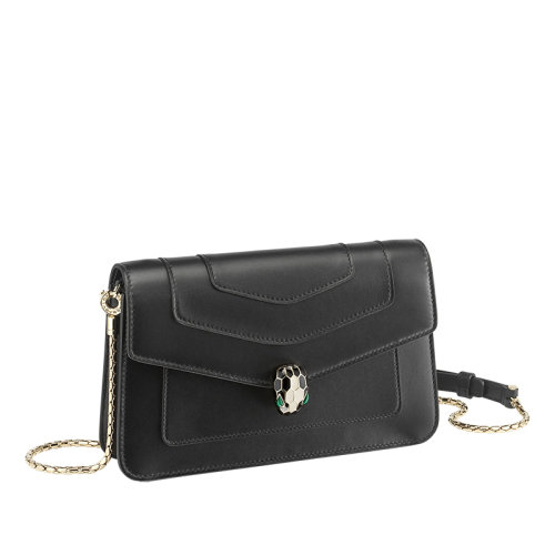 BVLGARI/寶格麗 經(jīng)典SERPENTI FOREVER系列 女士黑色黑色小牛皮翠綠色內(nèi)襯蛇首搭扣單肩斜挎鏈?zhǔn)藉X(qián)包290838