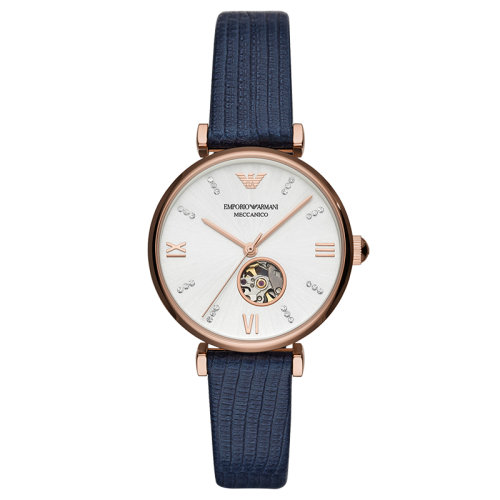 Emporio Armani/安普里奧阿瑪尼 皮帶玫瑰金鑲鉆時尚歐美表透窗自動機械女士腕表 生日禮物送女友 AR60020