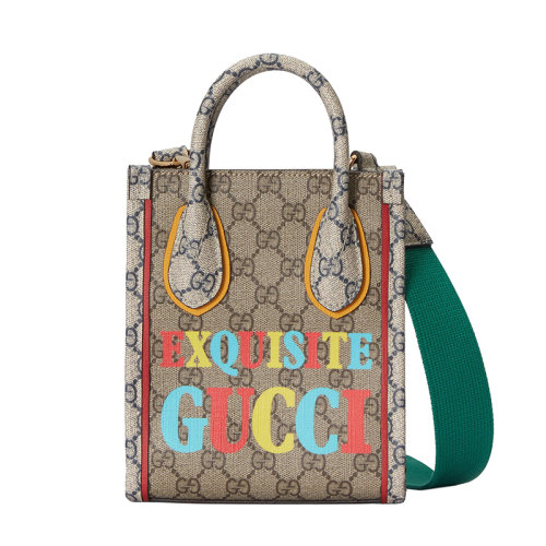 GUCCI/古馳 22新款Exquisite系列 男女同款迷你米色/烏木色老花帆布飾系列彩色印花單肩手提托特包699406FAAWA9782
