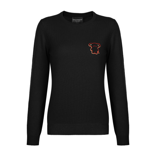 Emporio Armani/安普里奧阿瑪尼 黑色 女士中國限定款卡通生肖圖貼燈籠袖羊絨針織衫【CNY CAPSULE】 3H2MWY-2M74Z-0999