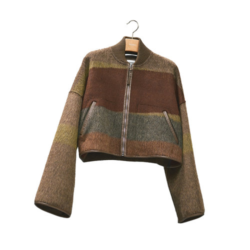 HERMES/愛馬仕 22年秋冬新款 女士洛登綠色羊絨混紡圖案短款飛行員夾克H2H0121DD4P36