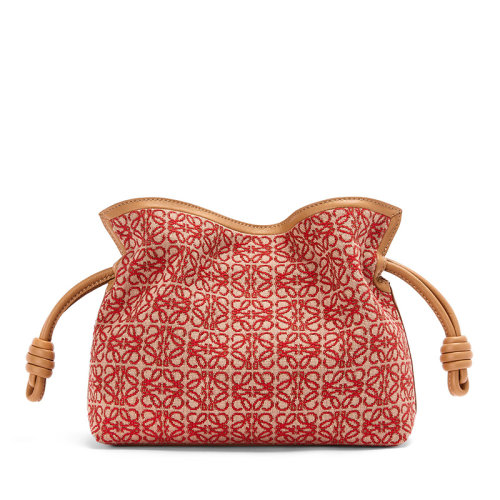 LOEWE/羅意威 22春夏新款Flamenco系列 女士迷你紅色帆布老花刺繡配暖沙色皮革配肩帶單肩斜跨抽繩手拿包0010683274