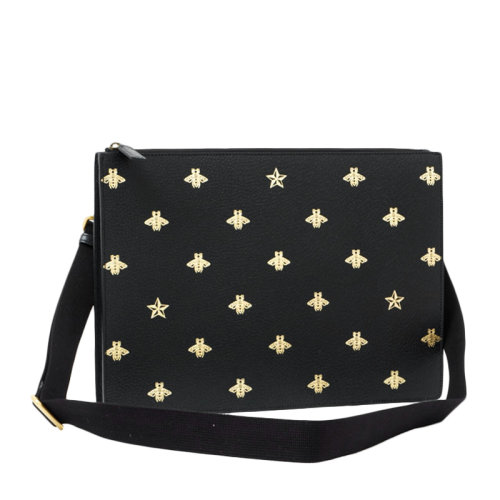 GUCCI/古馳 男士黑色牛皮蜜蜂和星星圖案印花拉鏈開合單肩包斜挎包公文包男包 450976-DJ2MT-8474