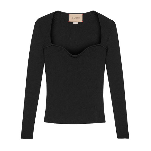 GUCCI/古馳 22年早春新款 情人節(jié)系列 女士黑色彈力粘膠纖維緊身上衣670629XKB1Q1000