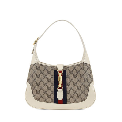 GUCCI/古馳 22春夏新款Jackie 1961系列 女士小號(hào)米色/烏木色老花帆布白色皮革滾邊金扣紅藍(lán)織帶裝飾腋下手提包636706HUHHG9794