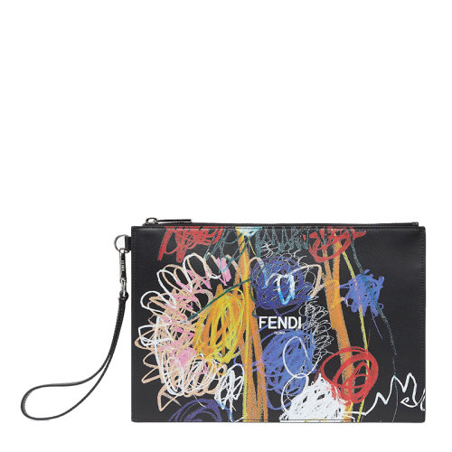 FENDI/芬迪 20  男士黑色小牛皮彩色印花圖案拉鏈?zhǔn)帜冒?N0110AH8QF09CX