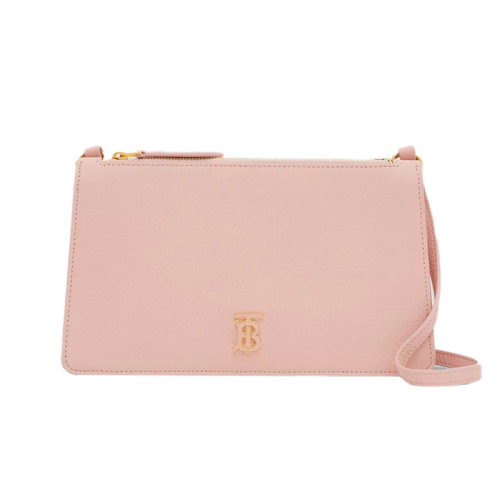 BURBERRY/博柏利 22新款 女士粉色鞣制粒面皮革金色字母標(biāo)志拋光金屬皮表帶肩背斜挎手拿包80626991
