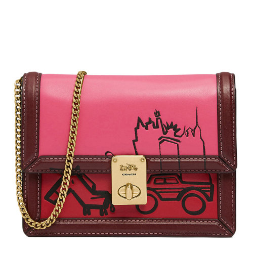 COACH/蔻馳  HUTTON系列女士玫紅色PVC配皮天際線馬車涂鴉印花旋扣開合翻蓋可拆卸肩帶小號手拿包腰包胸包斜挎包女包 5457B4RKK