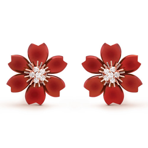 Van Cleef & Arpels/梵克雅寶 經(jīng)典Rose de No?l系列 18k金玫瑰金鑲嵌鉆石紅玉小號玫瑰耳環(huán)VCARO9B500