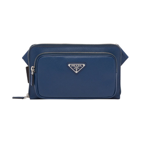 PRADA/普拉達(dá) 22新款 男士亮藍(lán)色saffiano皮革調(diào)節(jié)編織肩帶琺瑯徽標(biāo)拉鏈開(kāi)合單肩包2VH156_9Z2_F0KJ6_V_OOO